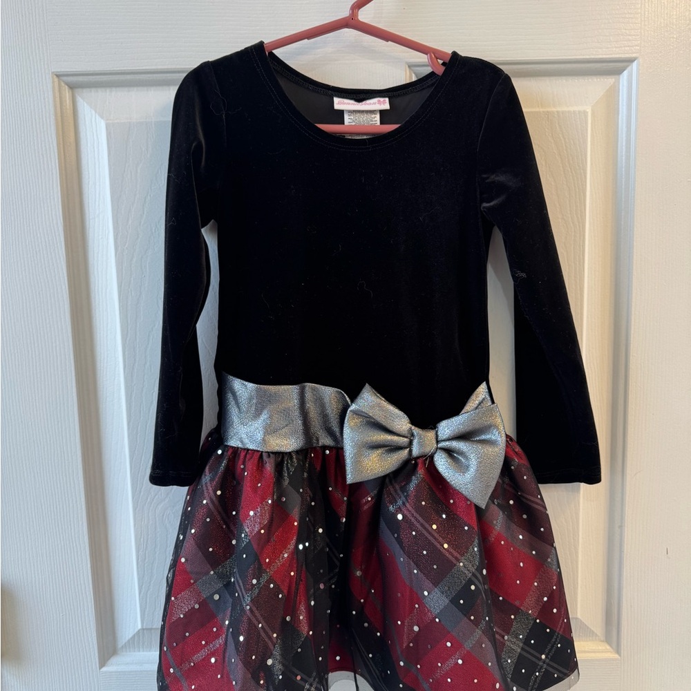BONNIE JEAN Long Sleeve Velvet Bodice Plaid Dress Girls 6 Black/Red Holiday